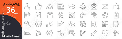 Approval related icons set. Including checkmark, document, validation, permission, accepted, verified, and confirmation. Editable stroke. outline icons.