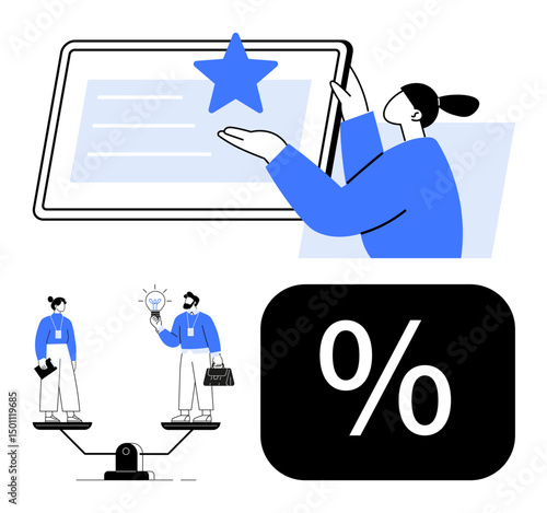 Person presenting rating on tablet, two professionals discussing ideas on scales, percentage signage. Ideal for teamwork, evaluation, ratings, balance, financial strategy, decision-making