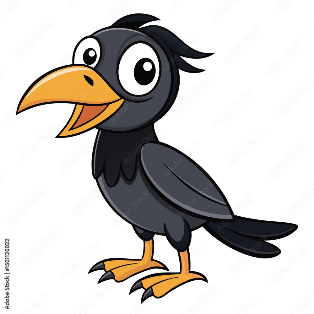Obraz premium Joyful cartoon raven is standing happily with its beak open on a white background