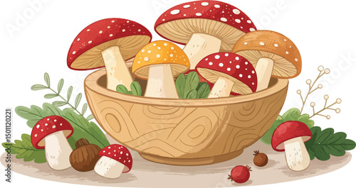 Wooden Bowl with Mushrooms on White Background