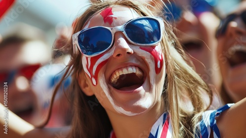 A group of enthusiastic female fans celebrating at a sporting event, wearing red shirts and face paint in the colors of England's flag.