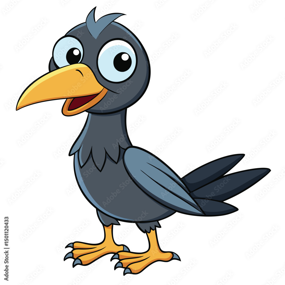 Obraz premium Cartoon blue crow looks happy, featuring a yellow beak and feet while standing