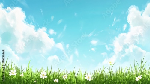 illustration cartoon simple meadow hill landscape blue sky and cloud flower summer time
