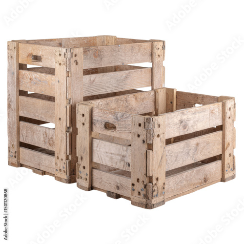 Two rustic wooden crates isolated on transparent PNG background