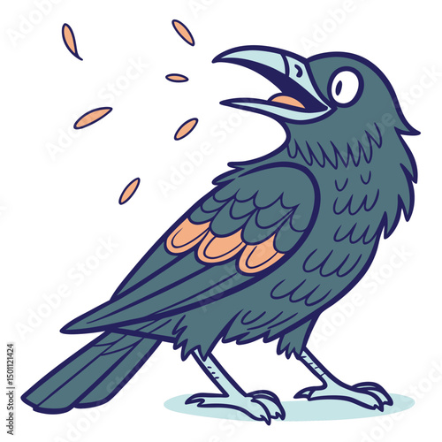Cartoonish crow is squawking with beak open, and orange drops are flying out