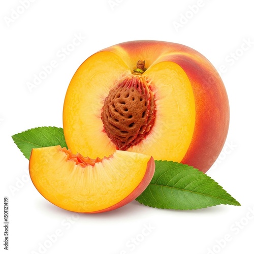 Ripe peach with leaf isolated on white background.