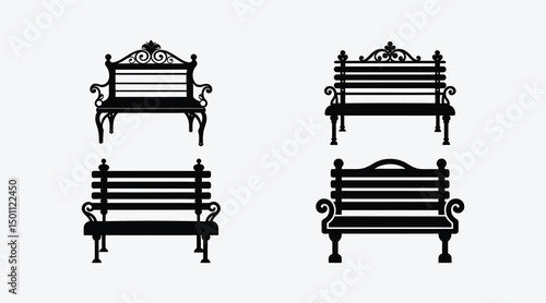 Stylish Vintage Park Bench Silhouette Set on White Background
