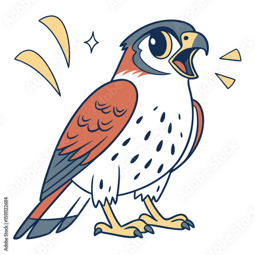 Cartoonish falcon with vibrant plumage and stylized sound effects conveys a loud vocalization