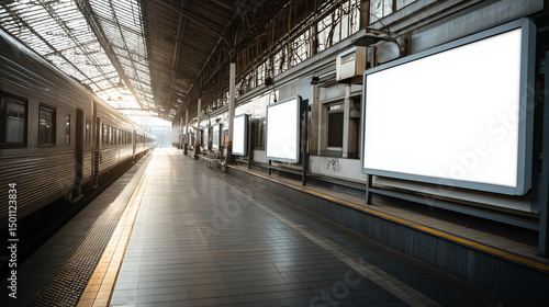blank white billboard on the platform of a modern train station