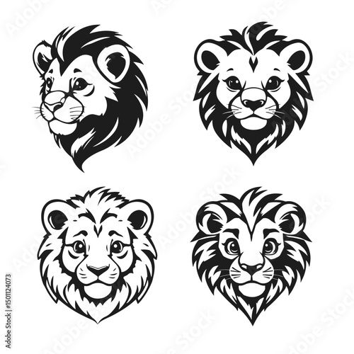 Lion face cartoon set, wild animal illustration, jungle predator drawing, cute lion head, black white vector icons