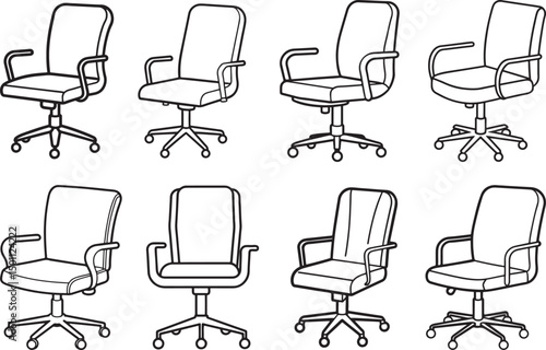 set of office chair line art, black outline, vector and illustration, coloring book page line art drawing