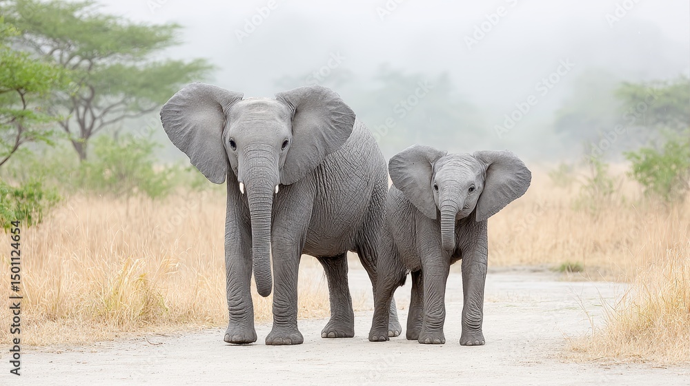 Fototapeta premium Two elephants stand together on a dirt road in a misty African landscape.