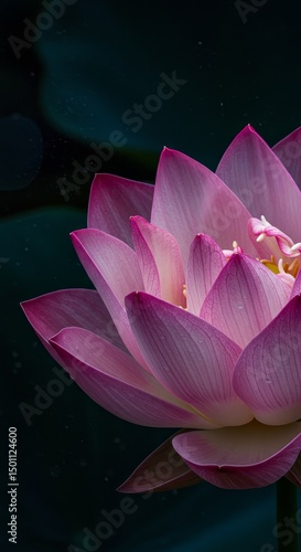 Photo Of A Pink Lotus Flower In Full Bloom With Detailed Petals And Dark Background