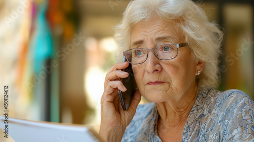 Worried elderly woman on phone holding paper, concerned about possible scam or fraud call, ideal for senior safety, cybercrime prevention and awareness