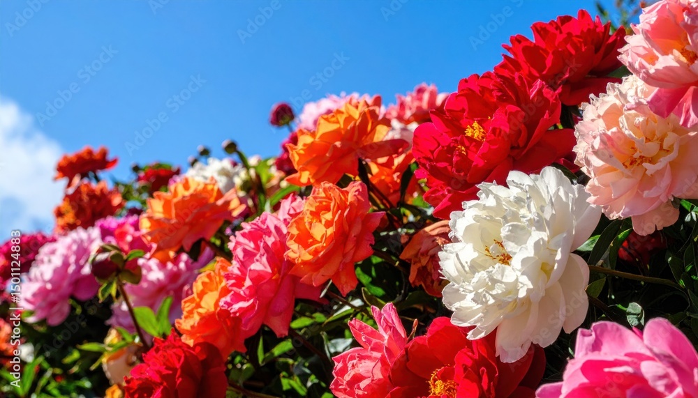 Fototapeta premium Blooming peonies, vibrant hues against a clear blue sky