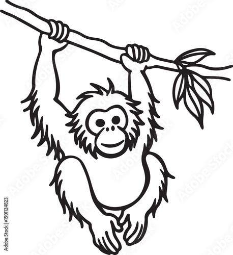 orangutan hanging on a branch line art, black outline, vector and illustration, coloring book page line art drawing