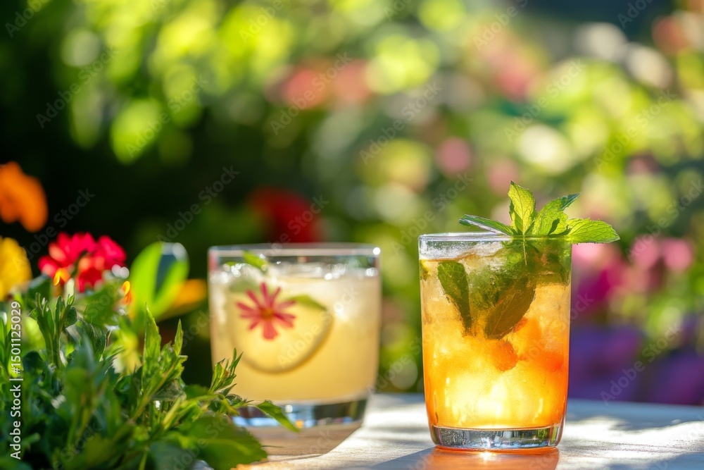 Fototapeta premium Refreshing cocktails in glasses garnished with fruits in garden setting 