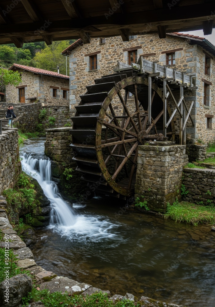 Photo Of A Rustic Stone Watermill And Wheel With Flowing River Photo Of A Rustic Stone Watermill And Wheel With Flowing River