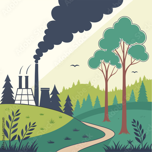 Contrasting Coexistence, Lush Natural Landscape with Serene Lake and Polluting Factory Chimney Under Warm Sky – A Visual Commentary on Industry vs. Nature
