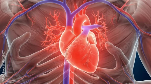 Anatomical illustration of the human heart and circulatory system.