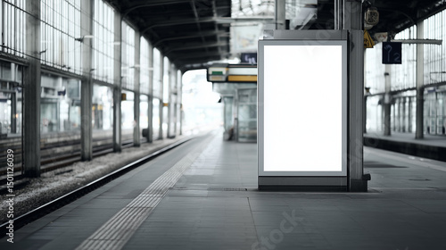 blank white billboard on the platform of a modern train station