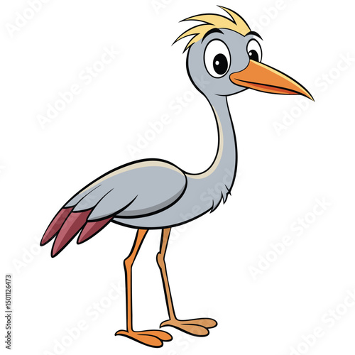 A cartoon crane with a funny face stands patiently on a white background