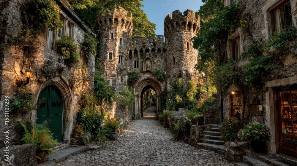 Fototapeta premium Cobblestone pathway leads through a medieval castle gate in a lush forest.