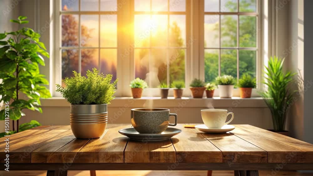 A Serene Morning Cups of Hot Beverage on a Wooden Table by the Window A Serene Morning Cups of Hot Beverage on a Wooden Table by the Window