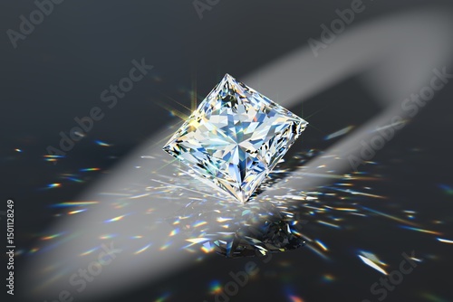 Princess cut diamond in spotlight on dark background with colorful caustics rays. 