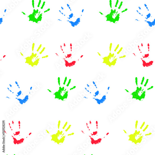 Colored pattern with kids hands palm, children hands palm, fingerprints and handprints paint, creative playful, diversity kids fun, vector illustration