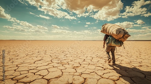 A determined individual carrying a heavy load through a desert, symbolizing endurance, resilience, and the strength to overcome a crisis despite the harsh conditions