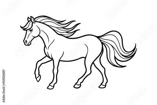 Line art illustration of a horse trotting with flowing mane and tail.eps
