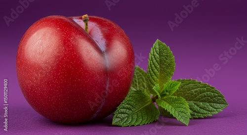 Photo of a Single Ripe Plum with Fresh Mint on a Purple Background