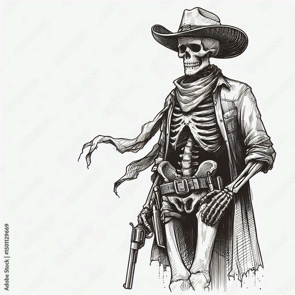 Obraz premium Skeletal Gunslinger Sketch Cowboy Anatomy Illustration Suitable for professional presentation