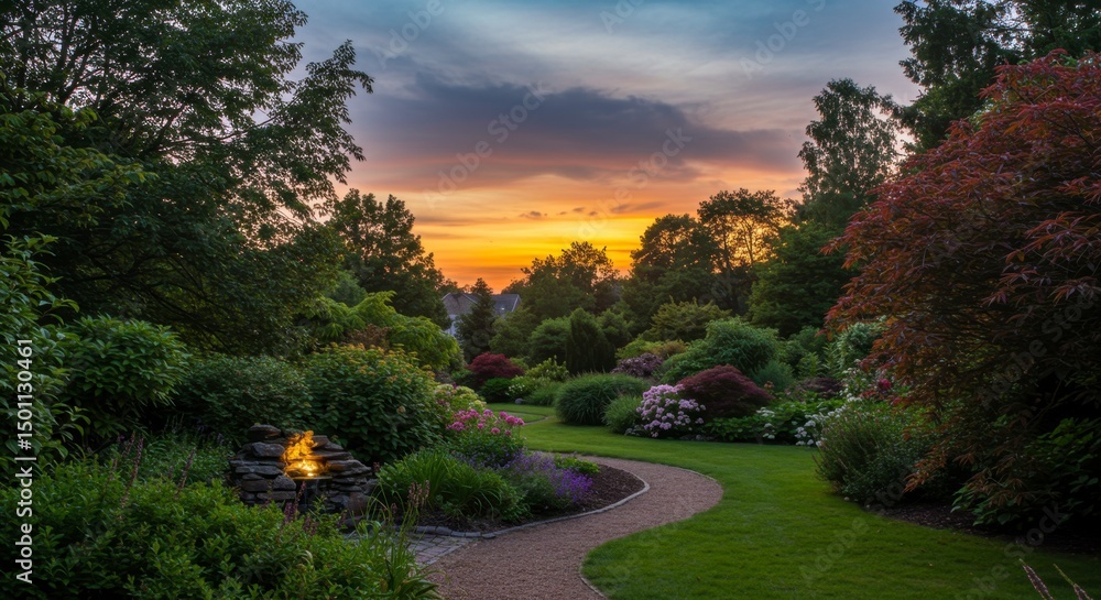 Obraz premium Garden path at sunset