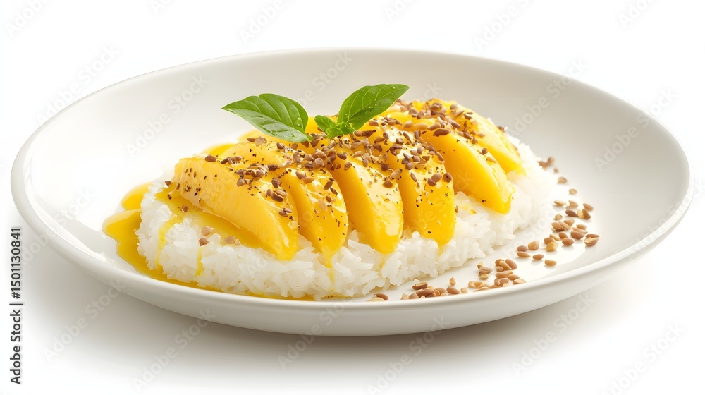 A plate of delicious mango sticky rice, featu ripe mango slices and sweet coconut milk, garnished with basil on a white background showcases culinary delight. A plate of delicious mango sticky rice, featu ripe mango slices and sweet coconut milk, garnished with basil on a white background showcases culinary delight.
