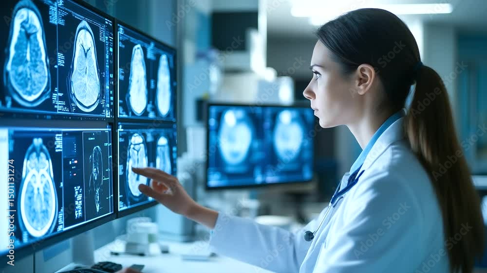 A hospital radiology lab where a radiologist is analyzing AI-processed ...