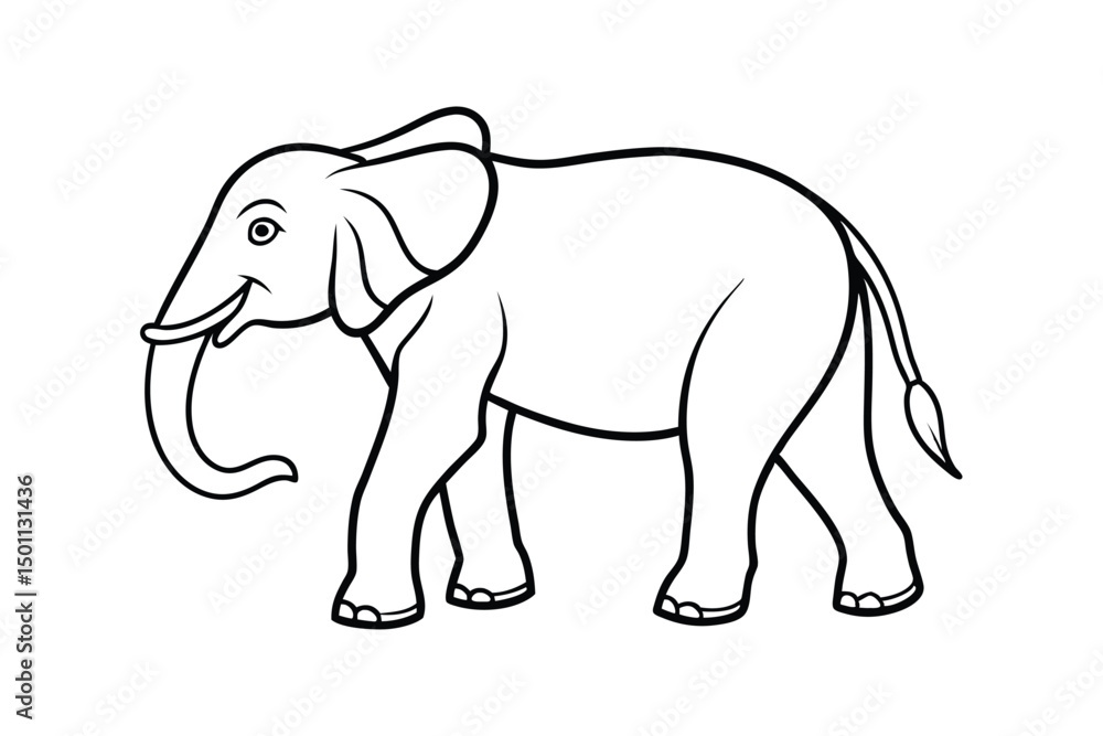 Fototapeta premium Line art illustration of a walking elephant with trunk raised.eps