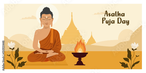 Asalha Puja Day Illustration with Meditating Buddha and Dharma Wheel-04