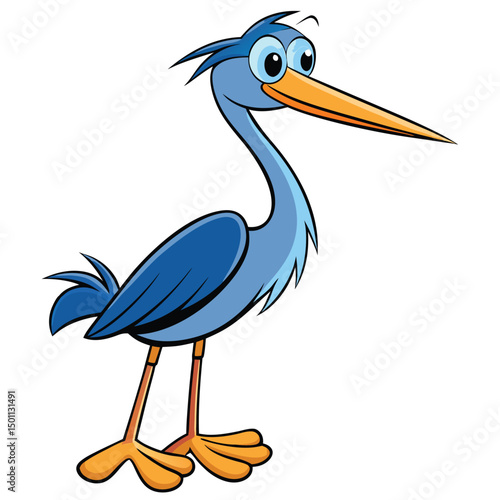 Cartoon heron looks forward with its big, expressive eyes and long beak on white