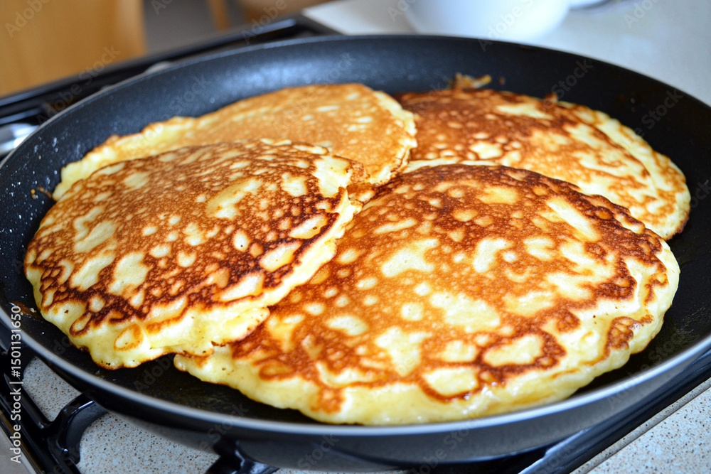 Golden-brown pancakes sizzling on a stovetop create a delicious breakfast chaos in a cozy kitchen Golden-brown pancakes sizzling on a stovetop create a delicious breakfast chaos in a cozy kitchen