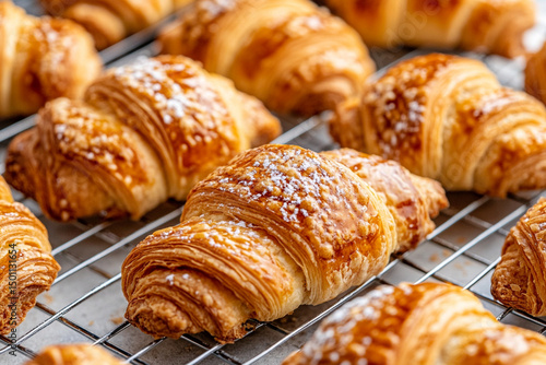 Wallpaper Mural Golden croissants cooling on a wire rack in a bustling bakery environment Torontodigital.ca
