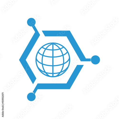 this is a flat logo design of a globe inside a hexagon tech shape frame 
