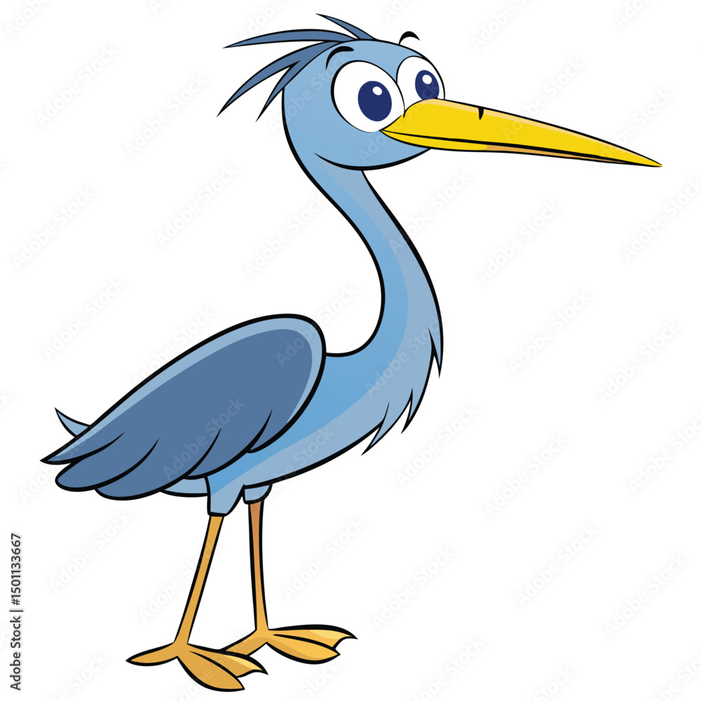 Obraz premium Comical blue heron cartoon character stands alert with a yellow beak and legs
