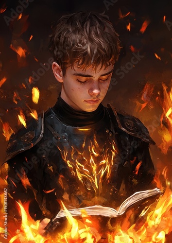 Young Man in Dark Armor Reading Ancient Book Amidst Fiery Flames