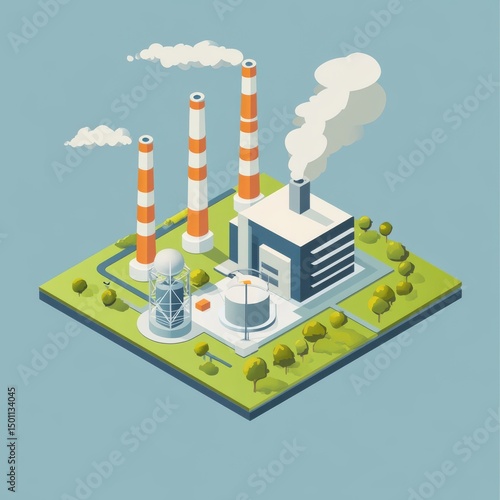 Clean isometric illustration of a factory with four chimneys and green surroundings.