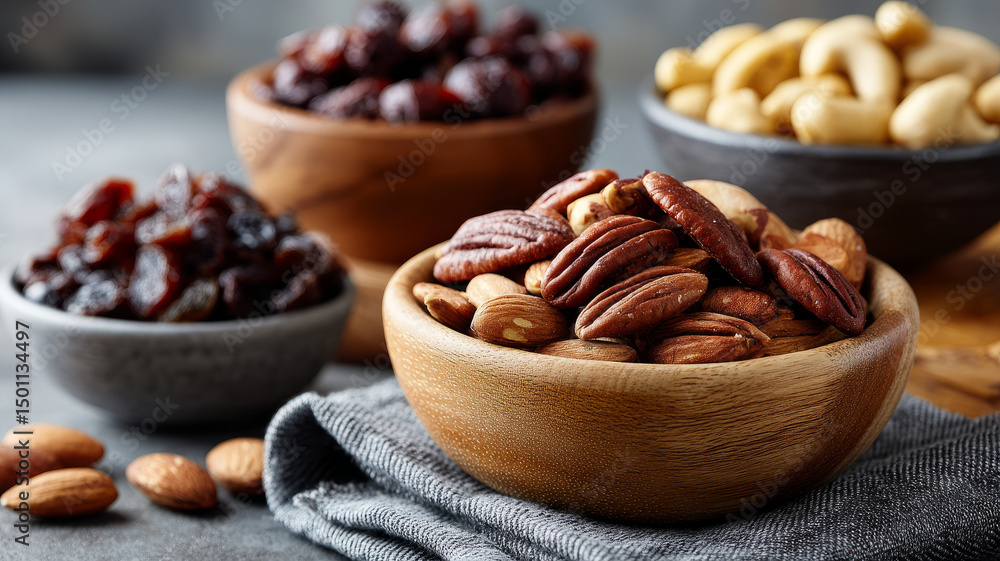 Assorted nuts and dried fruits in wooden bowls on a table. Assorted nuts and dried fruits in wooden bowls on a table.