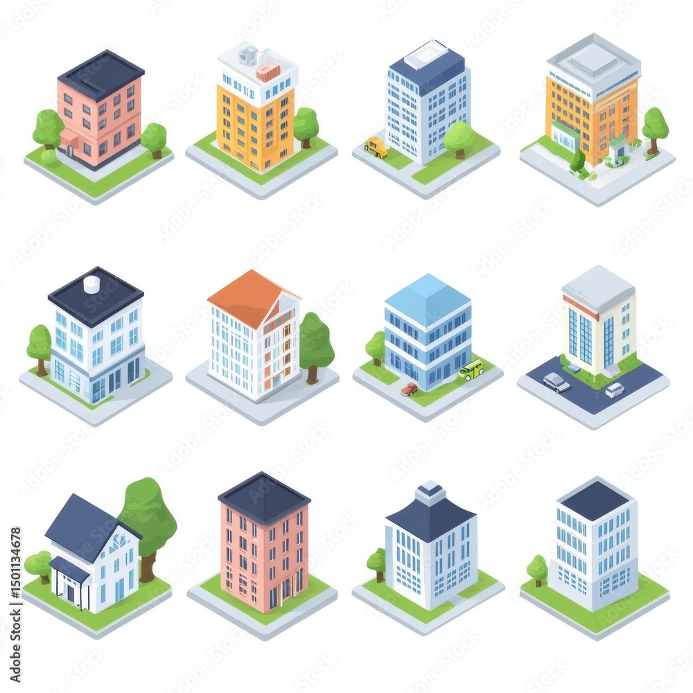 Fototapeta premium Isometric icons of office and residential towers in a clean, organized city layout.