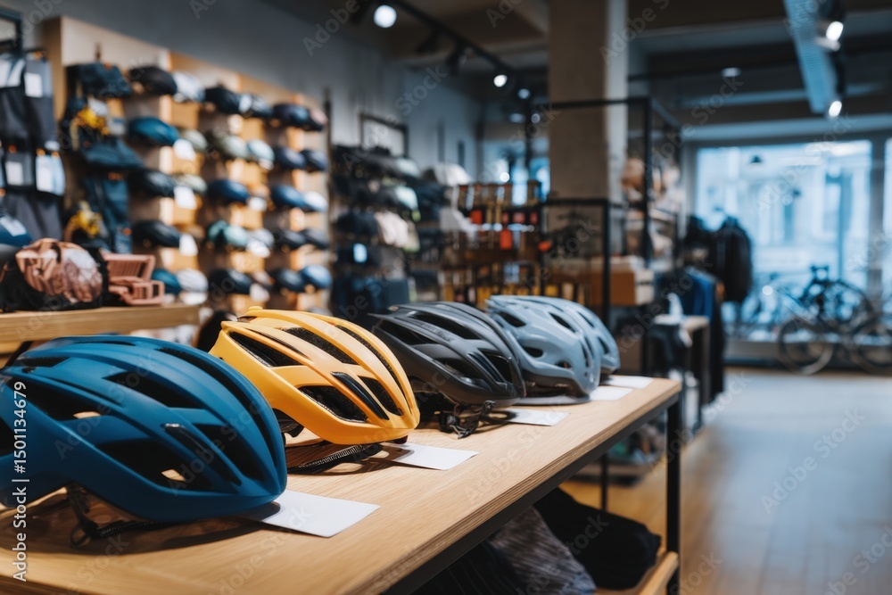 Obraz premium Sport shop interior with cycling gear and helmets section in organized display with copy space. 