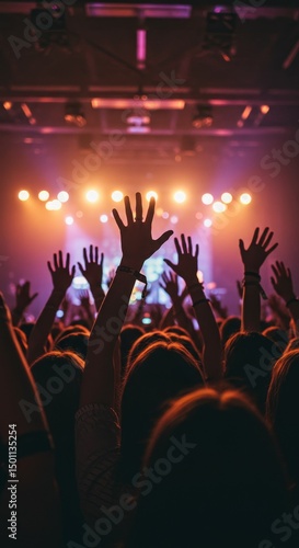 Photo of a Vibrant Concert Audience with Raised Hands and Lights